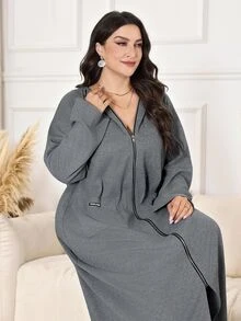 Solavon Plus Size Women's Dropped Shoulder Long Sleeve Zipper Front Pocket Casual Baggy Capsule Hooded Jacket Holiday Going Out Formal Grey Fall - Grey - View 8
