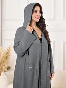 Solavon Plus Size Women's Dropped Shoulder Long Sleeve Zipper Front Pocket Casual Baggy Capsule Hooded Jacket Holiday Going Out Formal Grey Fall - Grey - View 7
