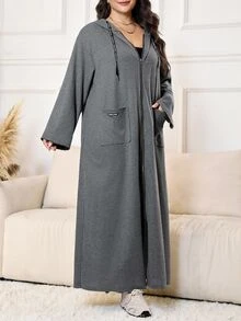 Solavon Plus Size Women's Dropped Shoulder Long Sleeve Zipper Front Pocket Casual Baggy Capsule Hooded Jacket Holiday Going Out Formal Grey Fall - Grey - View 4