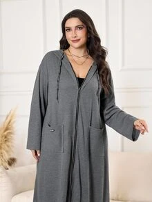 Solavon Plus Size Women's Dropped Shoulder Long Sleeve Zipper Front Pocket Casual Baggy Capsule Hooded Jacket Holiday Going Out Formal Grey Fall - Grey - View 10