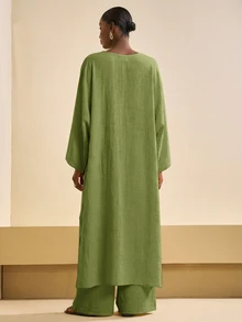 Zivah 女款優雅極簡橄欖綠秋季兩件套，寬鬆亞麻蝙蝠袖不對稱下擺上衣搭配高腰寬腿褲，休閒度假風 - 軍綠色 - 查看 3