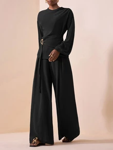 Zivah Black Autumn Elegant Office Women Long Sleeve Ruched Shoulder Metal Decor Belted Top And Wide Leg Pocket Pants 2-Piece Set Western Nomadic Style Boho - Black - View 4