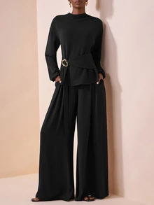 Zivah Black Autumn Elegant Office Women Long Sleeve Ruched Shoulder Metal Decor Belted Top And Wide Leg Pocket Pants 2-Piece Set Western Nomadic Style Boho - Black - View 8