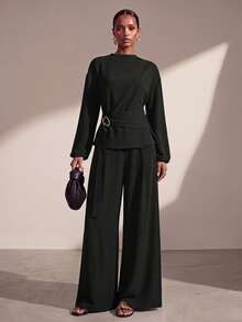 Zivah Black Autumn Elegant Office Women Long Sleeve Ruched Shoulder Metal Decor Belted Top And Wide Leg Pocket Pants 2-Piece Set Western Nomadic Style Boho - Black - View 2