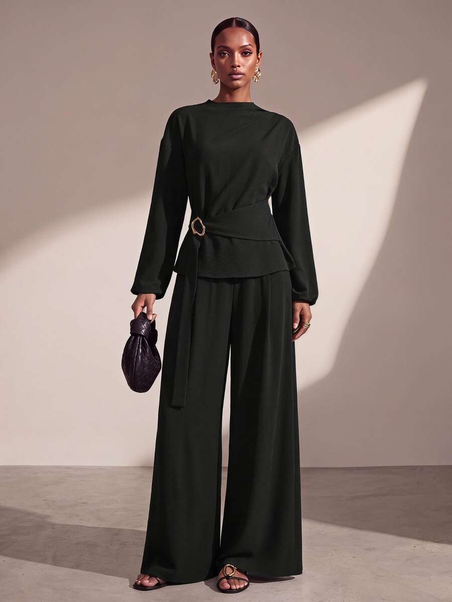 Zivah Black Autumn Elegant Office Women Long Sleeve Ruched Shoulder Metal Decor Belted Top And Wide Leg Pocket Pants 2-Piece Set Western Nomadic Style Boho