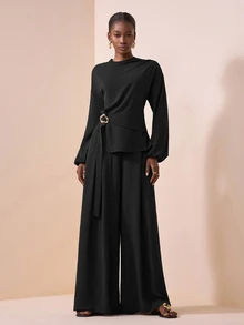 Zivah Black Autumn Elegant Office Women Long Sleeve Ruched Shoulder Metal Decor Belted Top And Wide Leg Pocket Pants 2-Piece Set Western Nomadic Style Boho - Black - View 5