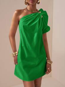 Zivah 2025 Spring/Summer Easter St. Patrick's Day Western Graduation Season Student Basic Casual Vacation Beach Elegant Green One-Shoulder Puff Sleeve Dress - Green - View 6