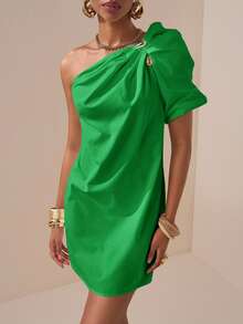 Zivah 2025 Spring/Summer Easter St. Patrick's Day Western Graduation Season Student Basic Casual Vacation Beach Elegant Green One-Shoulder Puff Sleeve Dress - Green - View 5