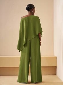 Zivah 2025秋冬新款女裝休閒通勤棕色寬鬆單肩不規則上衣＋高腰寬腿長褲兩件套，返校、鄉村音樂會穿搭、返校舞會、萬聖節、聖誕節、早午餐穿搭、外出穿搭、教堂穿搭、旅行、購物-A - 橄欖綠 - 查看 2