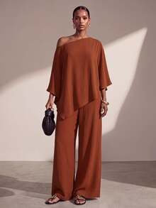 Zivah Rust 's Two Pieces Set,Elegant Summer Vacation One-Shoulder Asymmetrical Top & High Waist Wide-Leg Trousers,Casual Fall Clothes For Women - Redwood - View 2