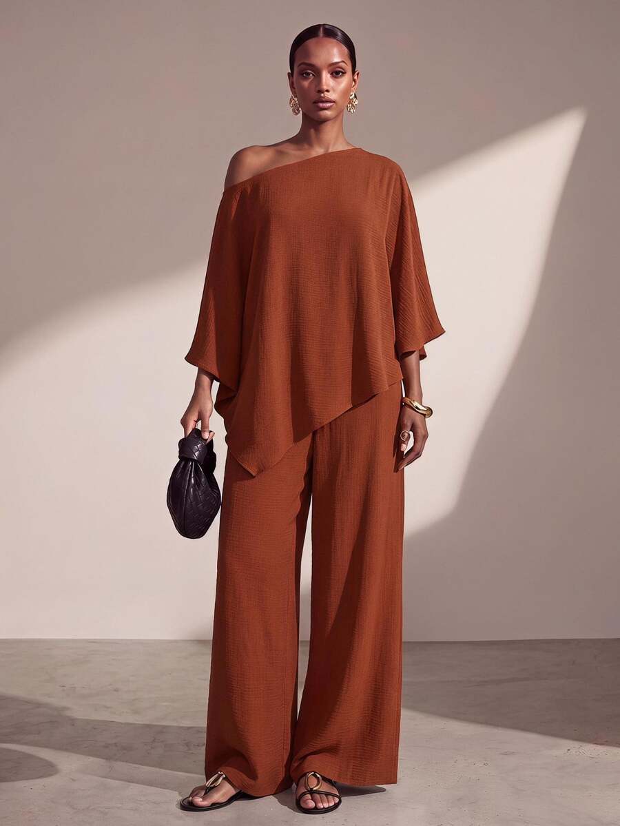 Zivah Rust 's Two Pieces Set,Elegant Summer Vacation One-Shoulder Asymmetrical Top & High Waist Wide-Leg Trousers,Casual Fall Clothes For Women