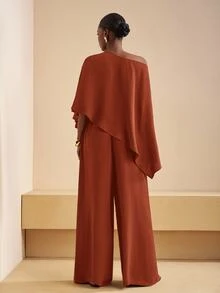 Zivah Rust 's Two Pieces Set,Elegant Summer Vacation One-Shoulder Asymmetrical Top & High Waist Wide-Leg Trousers,Casual Fall Clothes For Women - Redwood - View 3