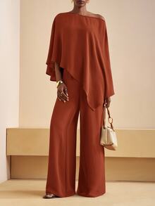 Zivah Rust 's Two Pieces Set,Elegant Summer Vacation One-Shoulder Asymmetrical Top & High Waist Wide-Leg Trousers,Casual Fall Clothes For Women - Redwood - View 6