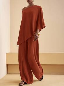 Zivah Rust 's Two Pieces Set,Elegant Summer Vacation One-Shoulder Asymmetrical Top & High Waist Wide-Leg Trousers,Casual Fall Clothes For Women - Redwood - View 4