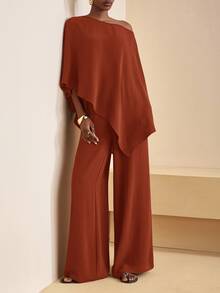 Zivah Rust 's Two Pieces Set,Elegant Summer Vacation One-Shoulder Asymmetrical Top & High Waist Wide-Leg Trousers,Casual Fall Clothes For Women - Redwood - View 8