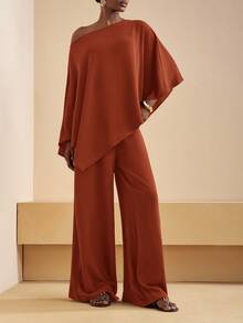 Zivah Rust 's Two Pieces Set,Elegant Summer Vacation One-Shoulder Asymmetrical Top & High Waist Wide-Leg Trousers,Casual Fall Clothes For Women - Redwood - View 5
