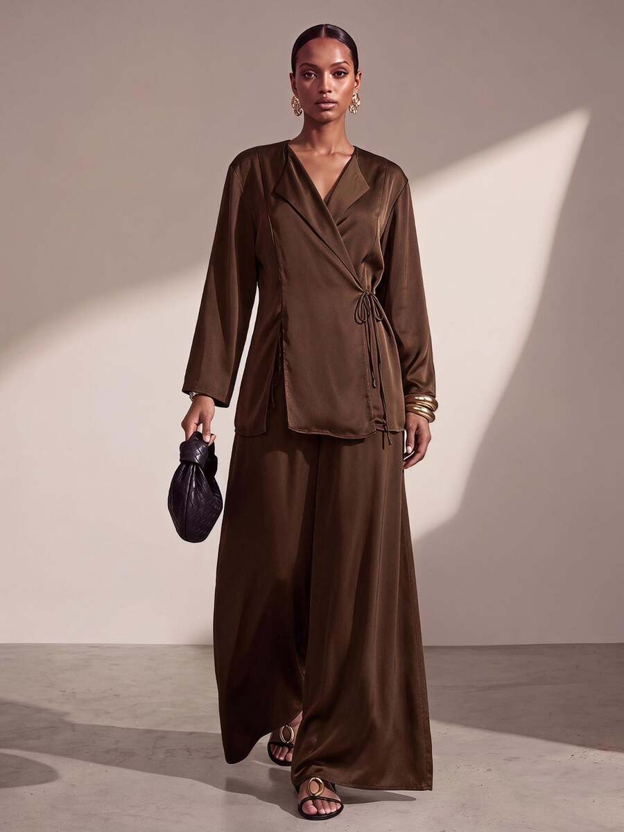 Zivah Dark Brown Autumn Elegant Dining Satin Wrap Blouse And Wide Leg ...