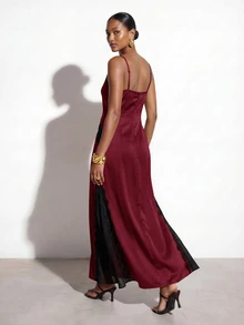 Zivah Women's Lace Patchwork Casual Party Long Cami Dress - Burgundy - View 2