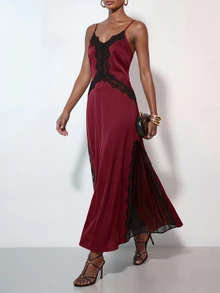 Zivah Women's Lace Patchwork Casual Party Long Cami Dress - Burgundy - View 3