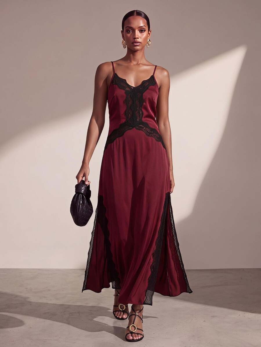 Zivah Women's Lace Patchwork Casual Party Long Cami Dress - Burgundy - View 1