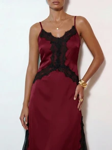 Zivah Women's Lace Patchwork Casual Party Long Cami Dress - Burgundy - View 10