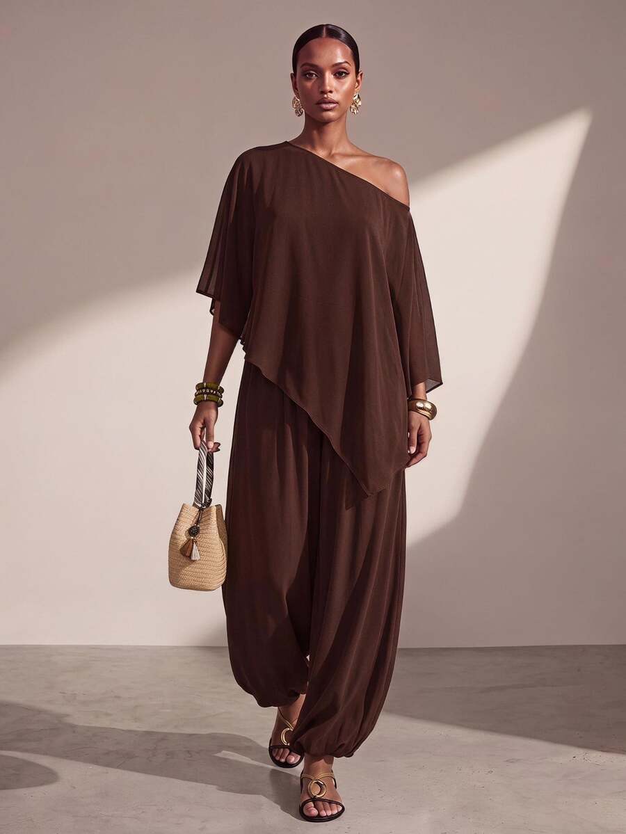 Zivah Women's Summer Solid Color Asymmetric Hem Asymmetrical Shoulder Blouse And Lantern Pants Set - Rust Brown - View 1