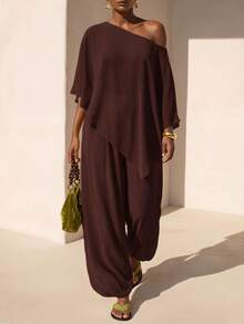 Zivah Women's Summer Solid Color Asymmetric Hem Asymmetrical Shoulder Blouse And Lantern Pants Set - Rust Brown - View 3