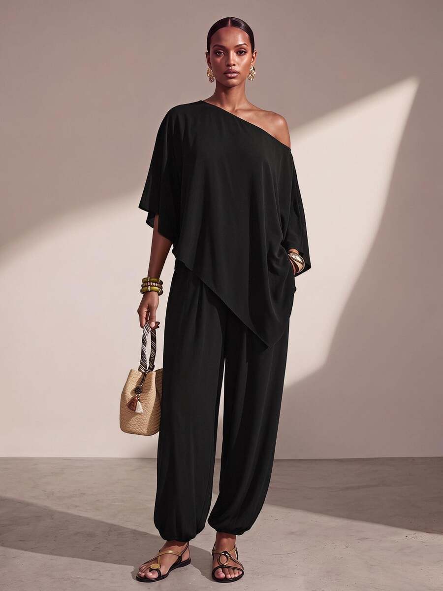 Zivah Women's Summer Solid Color Asymmetrical Shoulder Asymmetrical Hem Top And Jogger Pants Casual Set - Black - View 1