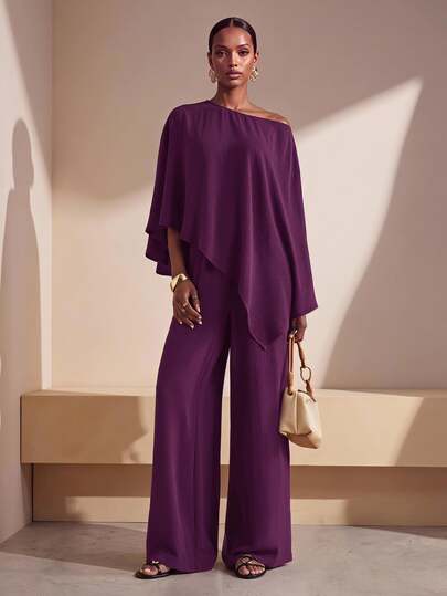 Zivah Conjunto de dos piezas para mujer otoño e invierno 2025, top asimétrico holgado de un solo hombro marrón + pantalones de pierna ancha de cintura alta, ropa casual para ir al trabajo, regreso a clases, concierto country, fiesta de bienvenida, Halloween, Navidad, brunch, salir, iglesia, viajes, compras-A