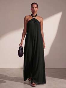 Zivah Black Summer Casual Holiday Vacation Linen Maxi Dress,Sleeveless Halter Ruched Design Metal Decor Boho Wedding Guest Party Beach Sunbathing Dress - Black - View 1