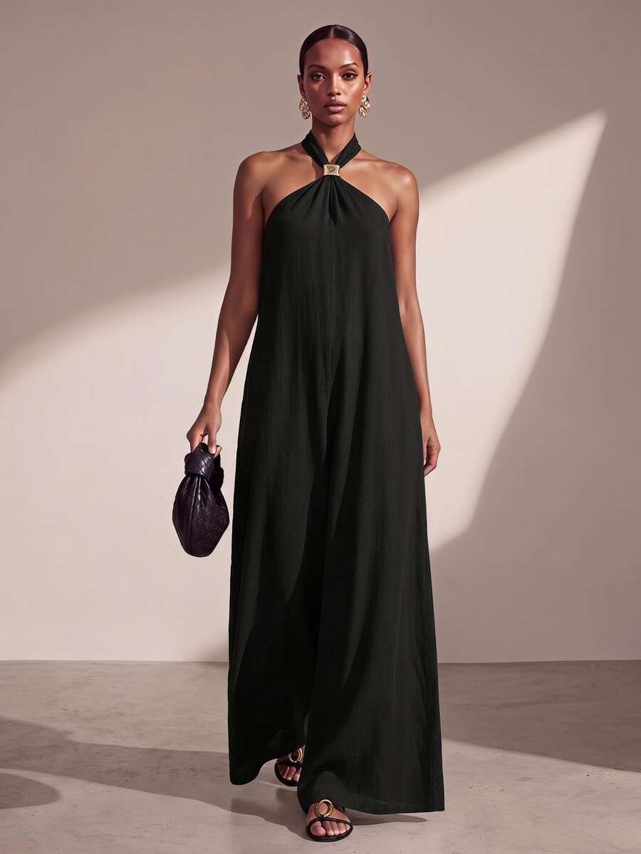 Zivah Black Summer Casual Holiday Vacation Linen Maxi Dress,Sleeveless Halter Ruched Design Metal Decor Boho Wedding Guest Party Beach Sunbathing Dress - Black - View 1