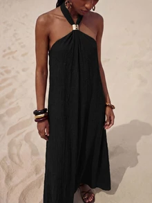 Zivah Black Summer Casual Holiday Vacation Linen Maxi Dress,Sleeveless Halter Ruched Design Metal Decor Boho Wedding Guest Party Beach Sunbathing Dress - Black - View 7