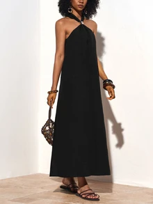 Zivah Black Summer Casual Holiday Vacation Linen Maxi Dress,Sleeveless Halter Ruched Design Metal Decor Boho Wedding Guest Party Beach Sunbathing Dress - Black - View 9