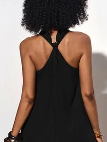 Zivah Black Summer Casual Holiday Vacation Linen Maxi Dress,Sleeveless Halter Ruched Design Metal Decor Boho Wedding Guest Party Beach Sunbathing Dress - Black - View 2