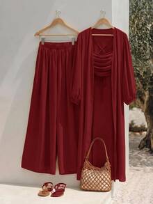 Zivah Women's Solid Color Lantern Sleeve Long Robe Cropped Halter Neck Tank Top And Wide Leg Pants Fashion Vacation Set - Burgundy - View 9