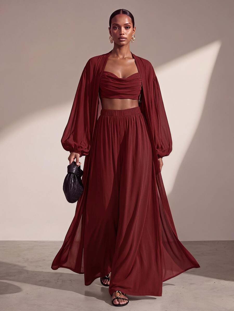 Zivah Women's Solid Color Lantern Sleeve Long Robe Cropped Halter Neck Tank Top And Wide Leg Pants Fashion Vacation Set - Burgundy - View 1