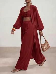 Zivah Women's Solid Color Lantern Sleeve Long Robe Cropped Halter Neck Tank Top And Wide Leg Pants Fashion Vacation Set - Burgundy - View 8