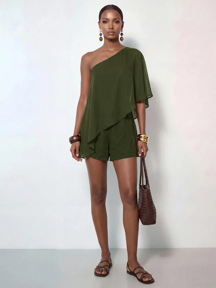 Zivah Summer New Casual Jamaican Tropical Elegant Commuting Party Cocktail Vacation Beach One Shoulder Cape Poncho Olive Green - Army Green - View 6