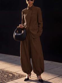 Zivah New Women's Elegant Chinese Style Long Sleeve Split Jacket + Lantern Pants 2 Pieces Set, Chinese Stand Collar + Placket Design, Loose Commuter Outfit - Rust Brown - View 5