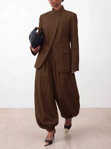 Zivah New Women's Elegant Chinese Style Long Sleeve Split Jacket + Lantern Pants 2 Pieces Set, Chinese Stand Collar + Placket Design, Loose Commuter Outfit - Rust Brown - View 3
