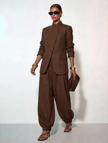 Zivah New Women's Elegant Chinese Style Long Sleeve Split Jacket + Lantern Pants 2 Pieces Set, Chinese Stand Collar + Placket Design, Loose Commuter Outfit - Rust Brown - View 1