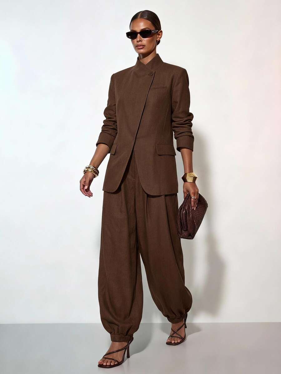 Zivah New Women's Elegant Chinese Style Long Sleeve Split Jacket + Lantern Pants 2 Pieces Set, Chinese Stand Collar + Placket Design, Loose Commuter Outfit - Rust Brown - View 1