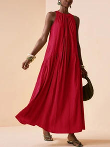 Zivah 2026 Spring New Arrival Vacation Casual Sleeveless Round Neck Loose Side Pocket Maxi Dress,Red Dress - Red - View 6