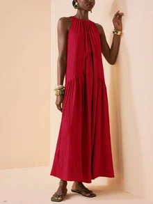 Zivah 2026 Spring New Arrival Vacation Casual Sleeveless Round Neck Loose Side Pocket Maxi Dress,Red Dress - Red - View 8