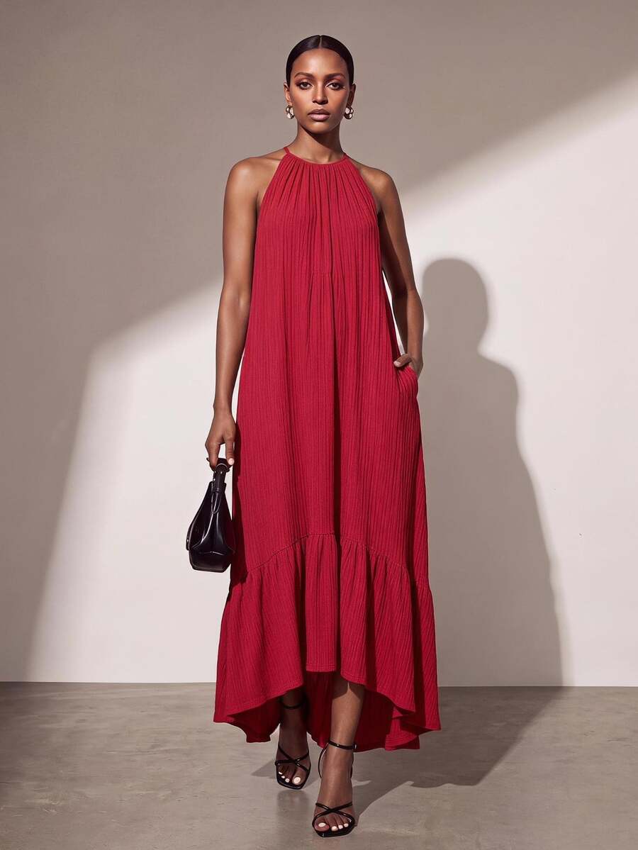 Zivah 2026 Spring New Arrival Vacation Casual Sleeveless Round Neck Loose Side Pocket Maxi Dress,Red Dress