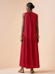 Zivah 2026 Spring New Arrival Vacation Casual Sleeveless Round Neck Loose Side Pocket Maxi Dress,Red Dress - Red - View 3