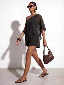 Zivah Elegant Women's Solid Color Asymmetric Design One-Shoulder 3/4 Sleeve Romper - Black - View 7