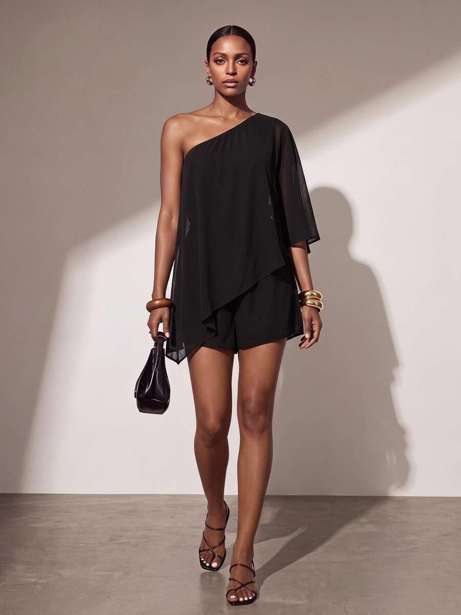 Zivah Elegant Women's Solid Color Asymmetric Design One-Shoulder 3/4 Sleeve Romper - Black - View 1