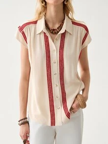 Florisole Women's Elegant Commuter Casual Bohemian Ruffle Patchwork Blouse - Apricot - View 4