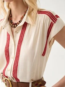 Florisole Women's Elegant Commuter Casual Bohemian Ruffle Patchwork Blouse - Apricot - View 3